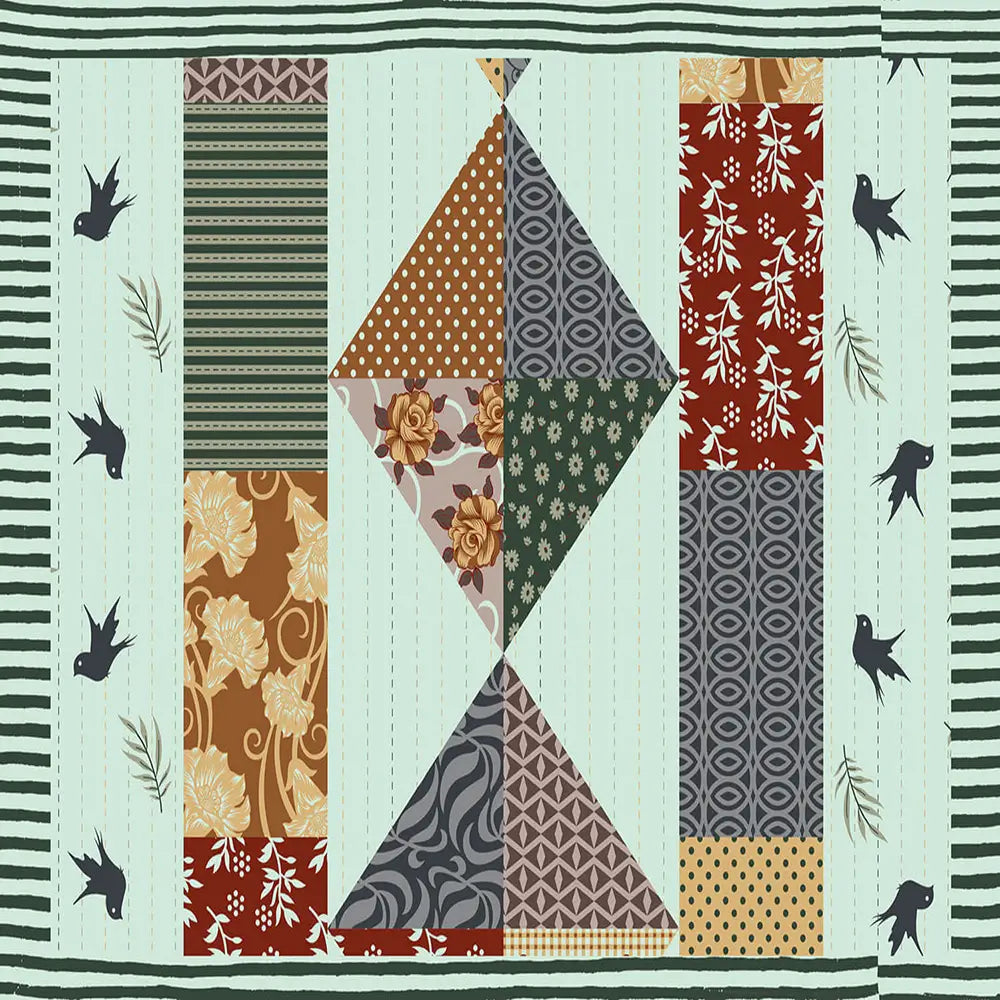 Quilt block with geometric pattern on a striped background