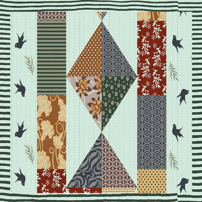 Quilt block with geometric pattern on a striped background
