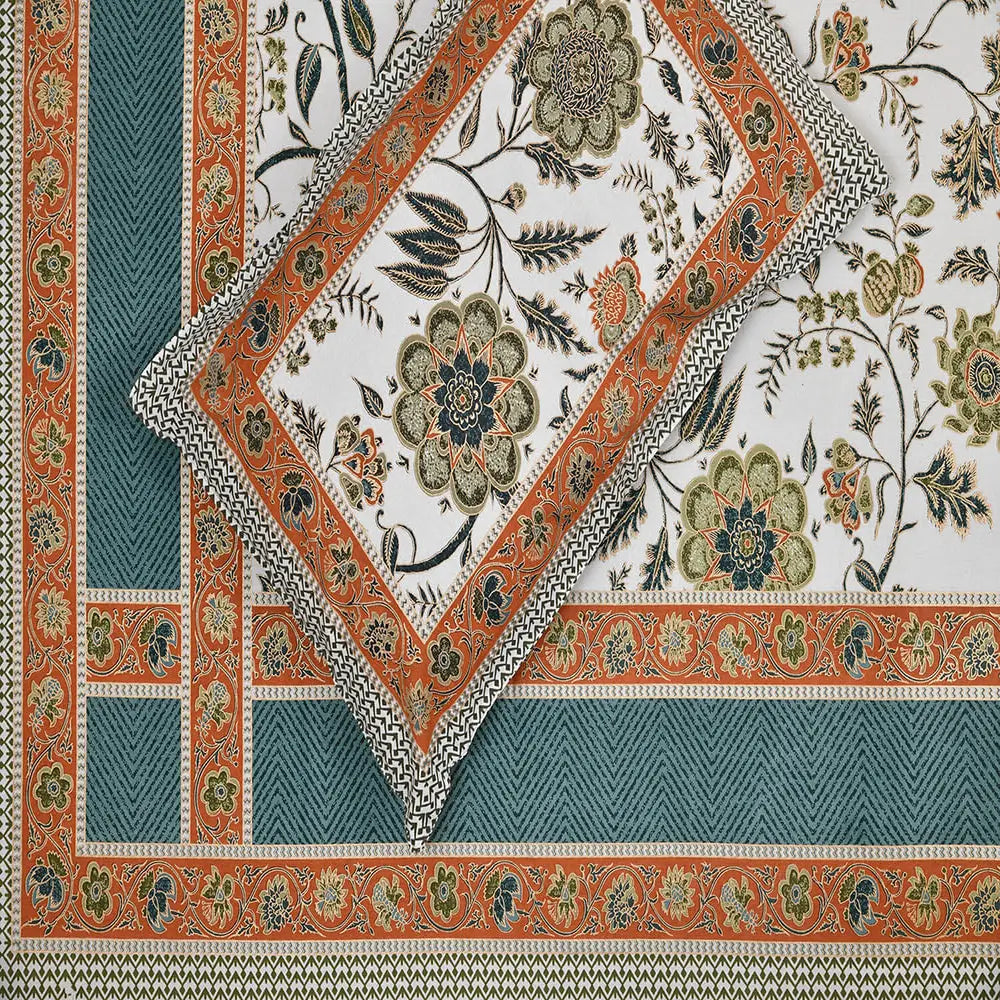 Close-up of a patterned fabric with floral and geometric designs.