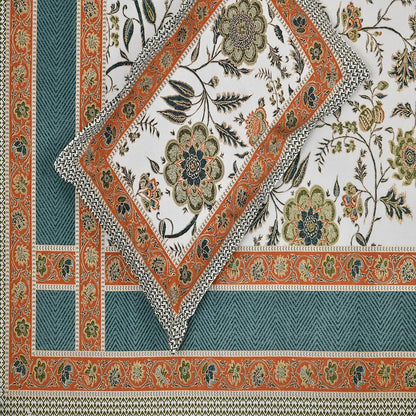 Close-up of a patterned fabric with floral and geometric designs.