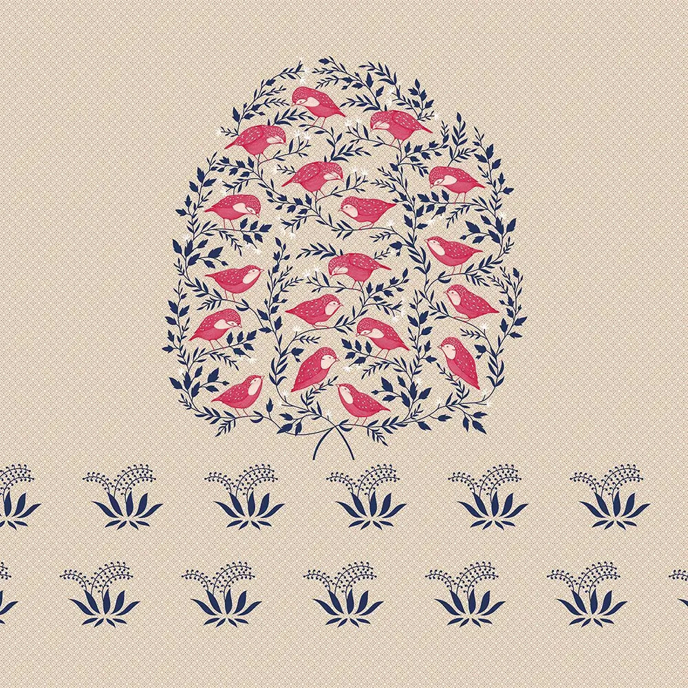Jungle Cruize Brown Bedsheet desgn - Decorative pattern with pink birds and blue leaves on a beige background