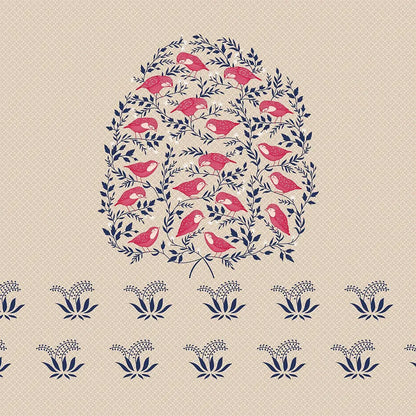 Jungle Cruize Brown Bedsheet desgn - Decorative pattern with pink birds and blue leaves on a beige background