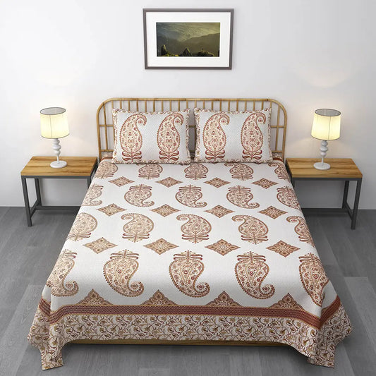 Big Floral Paisley White Jaipuri Gold Print Cotton Bedsheet – Olivra Living