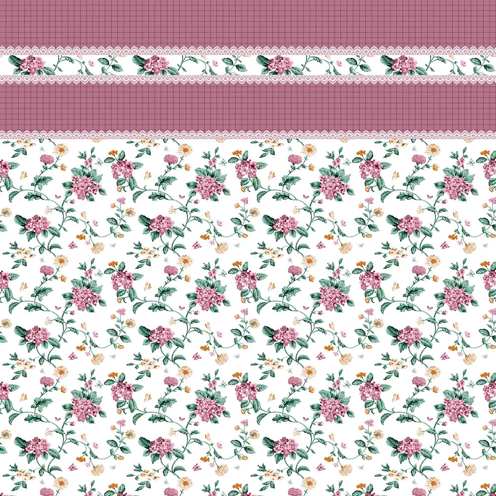 Bedsheet design - Floral pattern with pink flowers and green leaves on a white background, with a decorative border at the top.