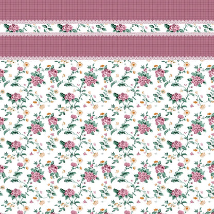 Bedsheet design - Floral pattern with pink flowers and green leaves on a white background, with a decorative border at the top.